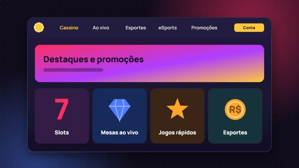 Seções da plataforma: cassino, ao vivo, esportes, eSports e promoções