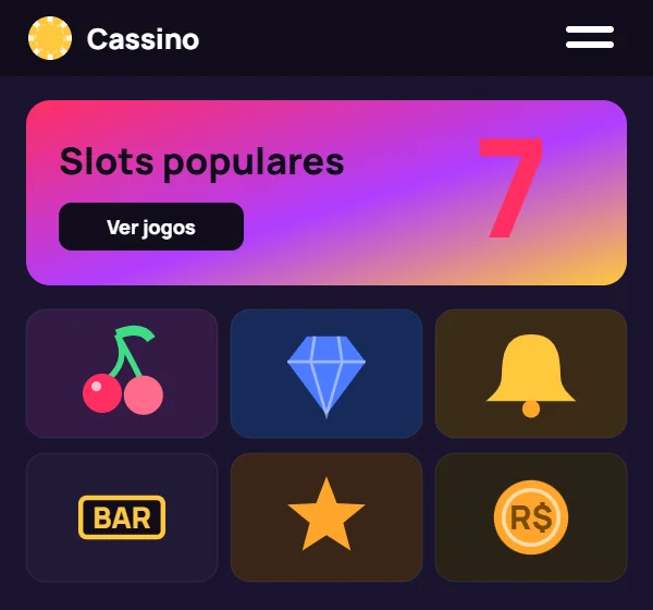 Tela do app com slots populares e categorias